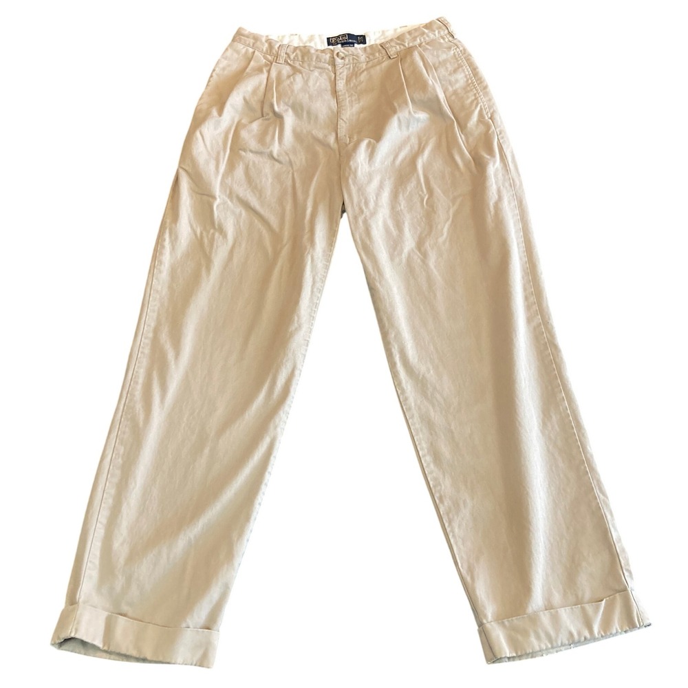 Polo Ralph Lauren Mens 34x30 (Fits 34x28) Hammond Pant Khaki Tan Pleated‎ Cuffed